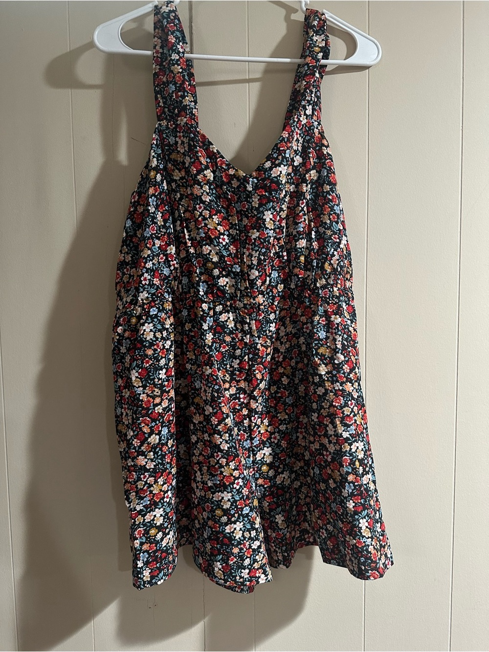 SHEIN Black Floral Romper with Red, White & Yellow Flowers